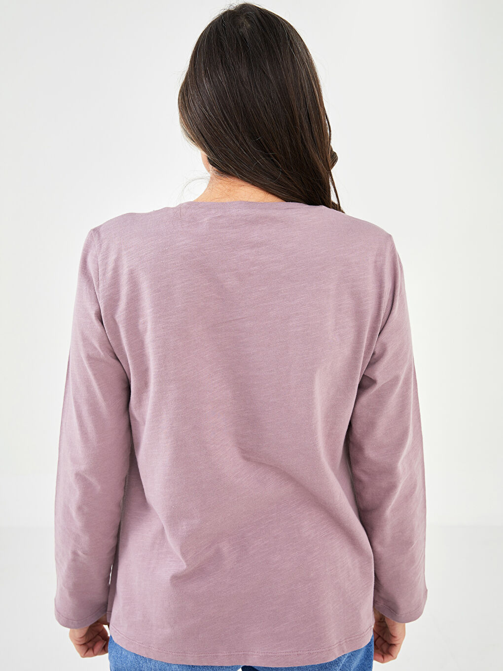 Lila Bisiklet Yaka Payet Nakışlı Uzun Kollu Kadın Tişört-4