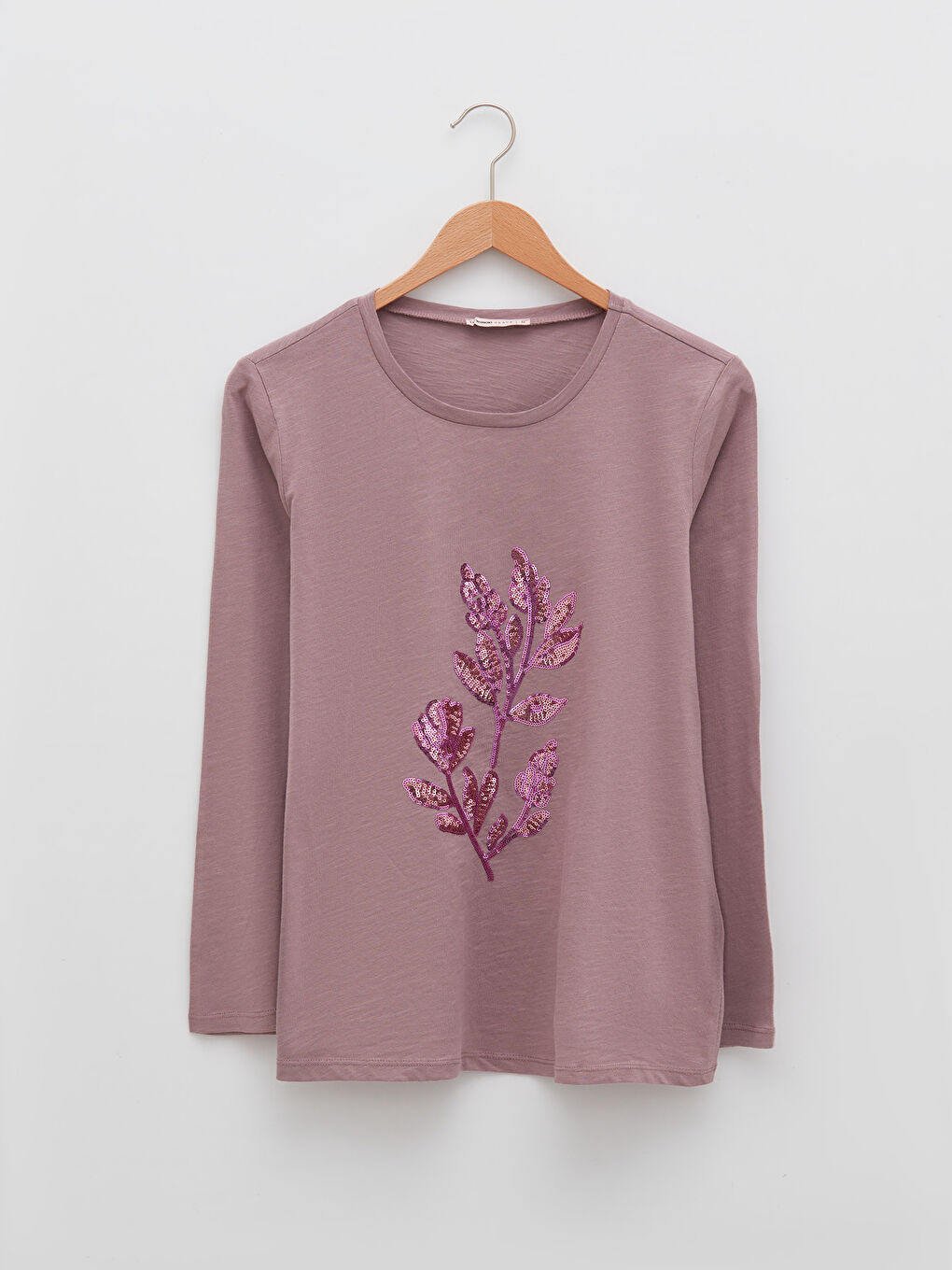 Lila Bisiklet Yaka Payet Nakışlı Uzun Kollu Kadın Tişört-5