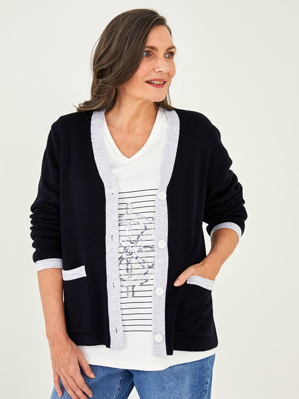 Lacivert V Yaka Renk Bloklu Uzun Kollu Kadın Triko Hırka-1