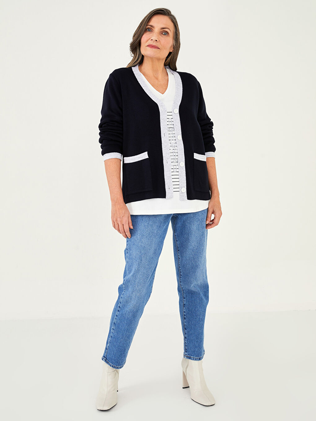 Lacivert V Yaka Renk Bloklu Uzun Kollu Kadın Triko Hırka-2