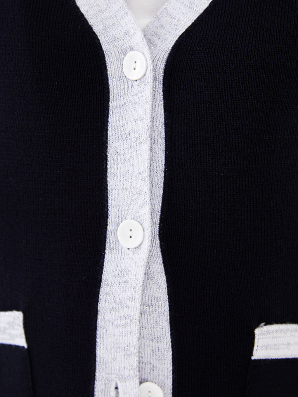 Lacivert V Yaka Renk Bloklu Uzun Kollu Kadın Triko Hırka-3