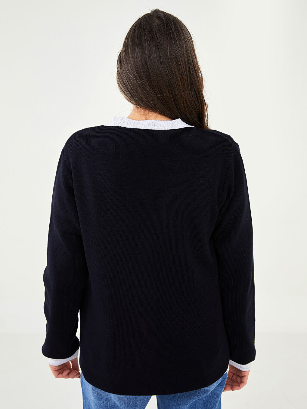 Lacivert V Yaka Renk Bloklu Uzun Kollu Kadın Triko Hırka-4