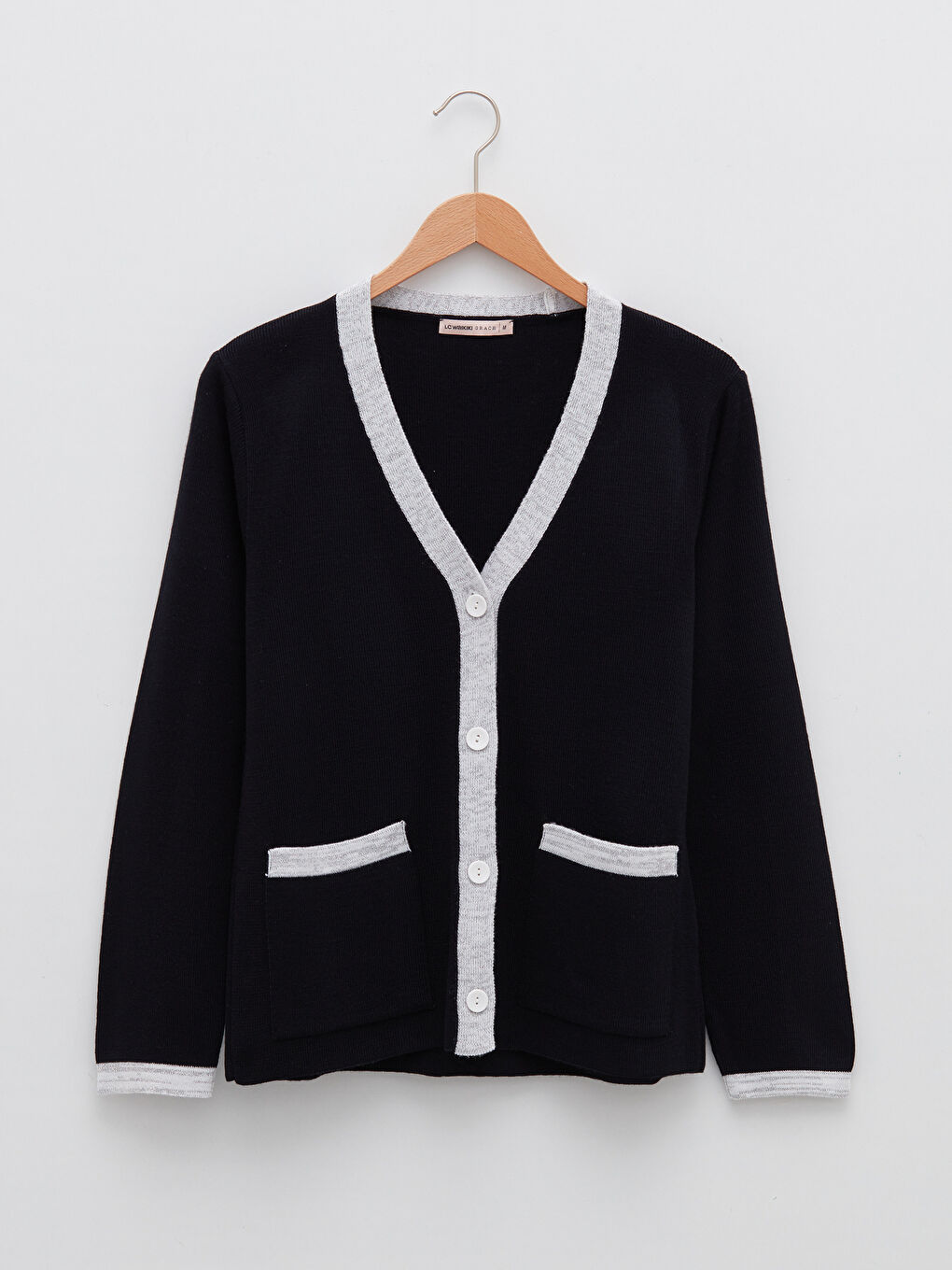 Lacivert V Yaka Renk Bloklu Uzun Kollu Kadın Triko Hırka-5