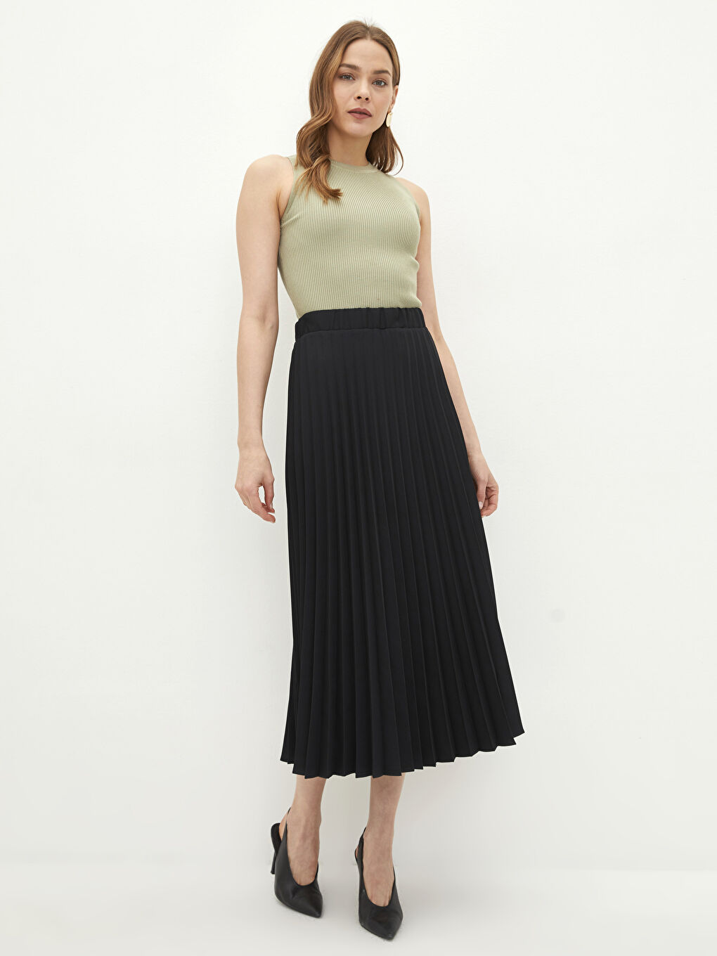 Siyah Kadın Beli Lastikli Düz Pileli Etek-2