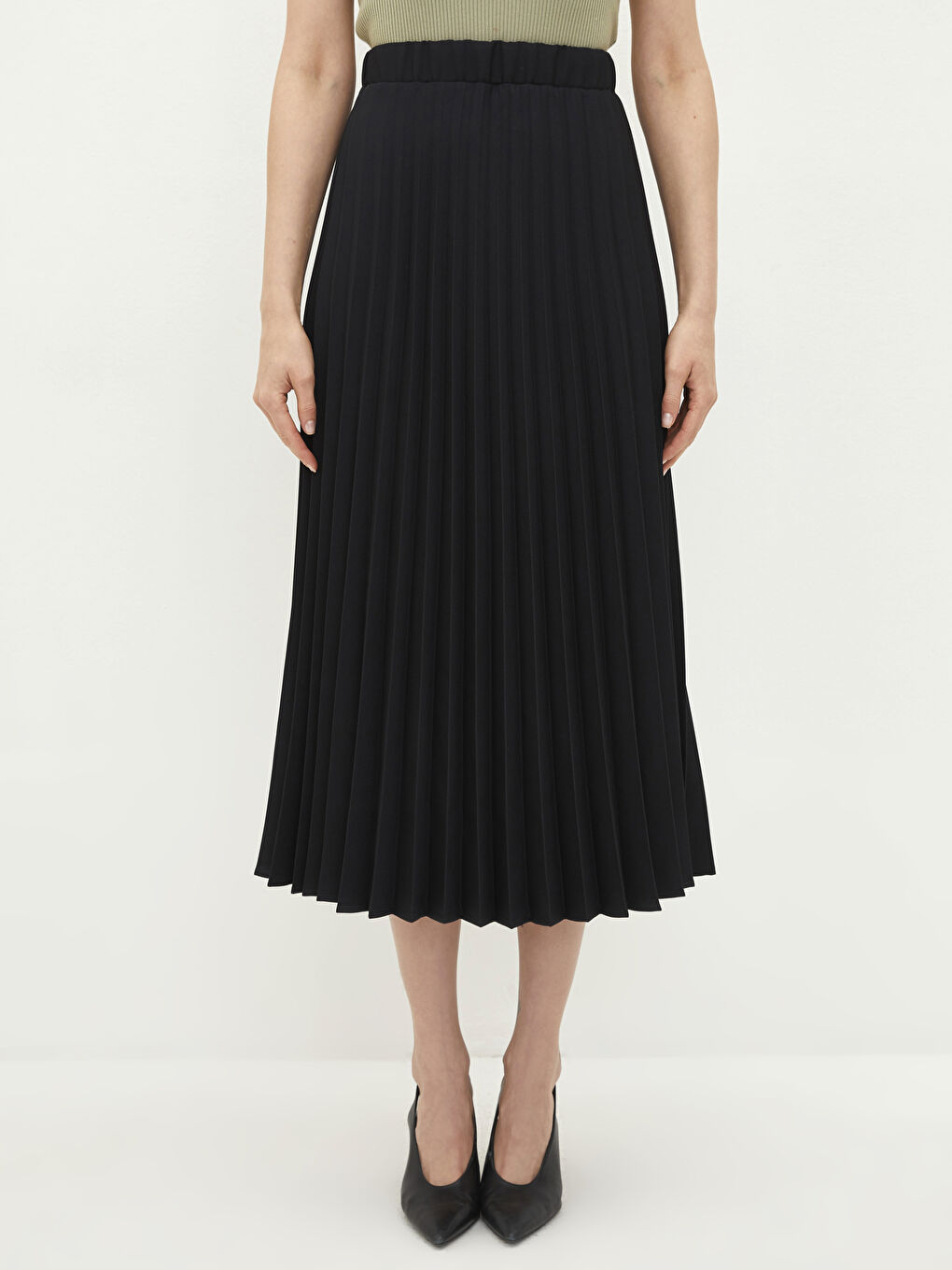 Siyah Kadın Beli Lastikli Düz Pileli Etek-4