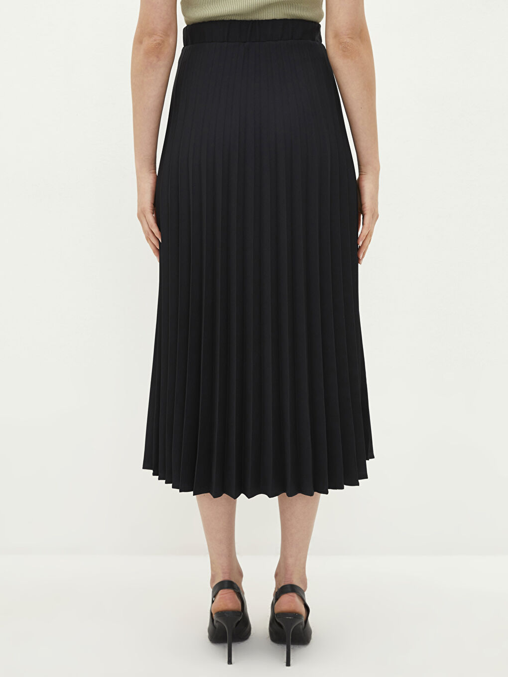 Siyah Kadın Beli Lastikli Düz Pileli Etek-5