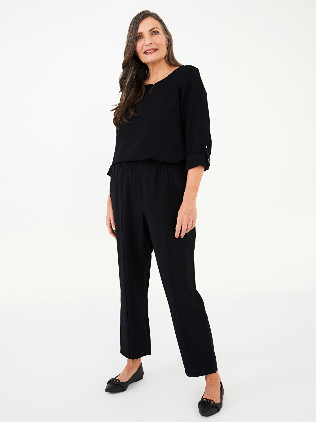Siyah Kadın Beli Lastikli Rahat Kalıp Düz Pantolon-1