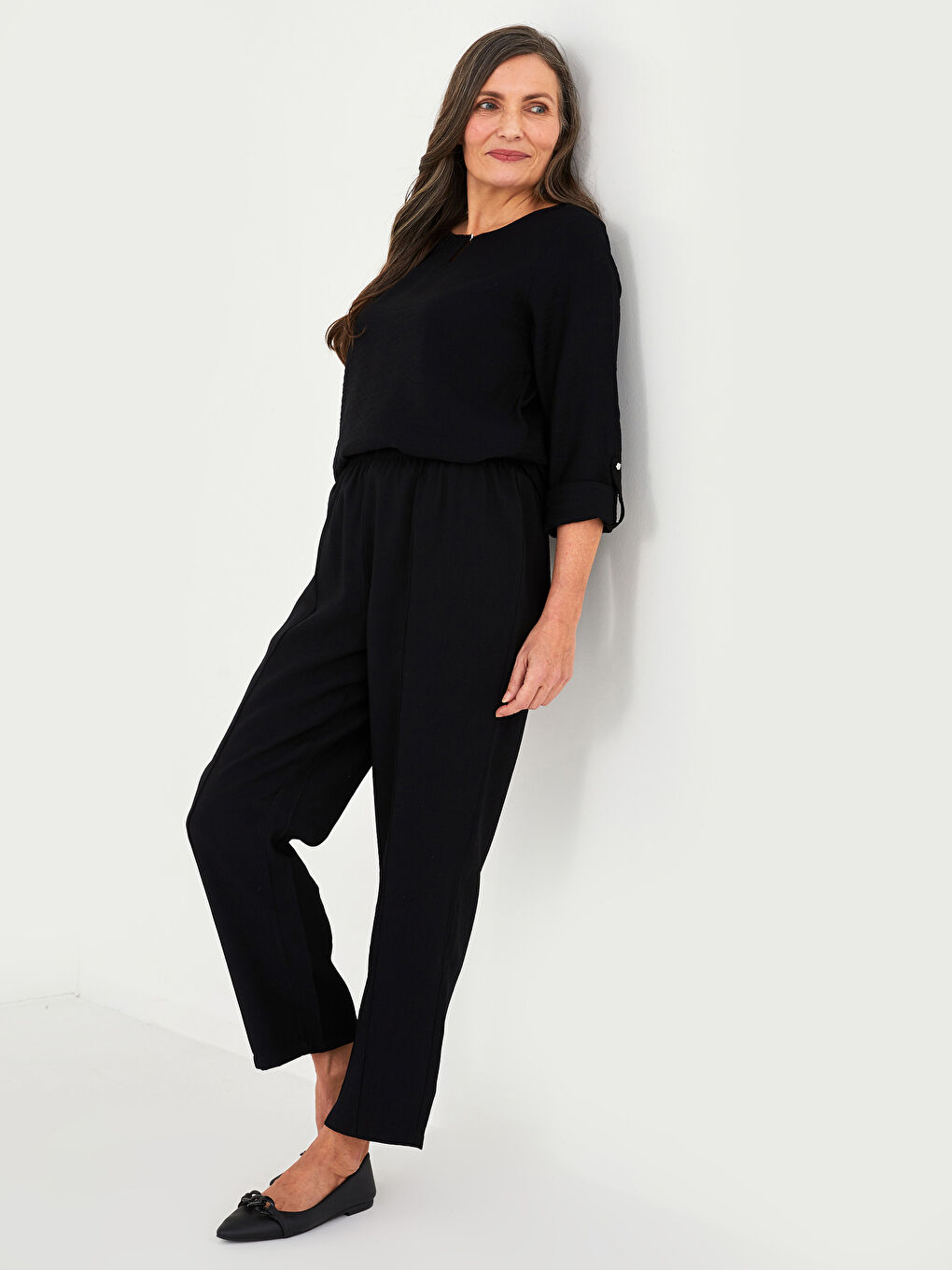 Siyah Kadın Beli Lastikli Rahat Kalıp Düz Pantolon-3