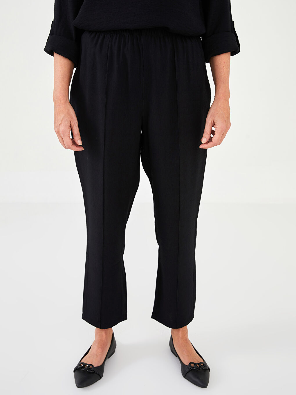 Siyah Kadın Beli Lastikli Rahat Kalıp Düz Pantolon-7