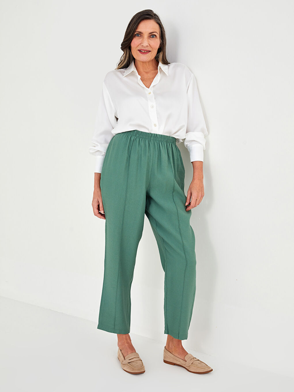 Women's Elastic Waist Relaxed Fit Regular Trousers-1