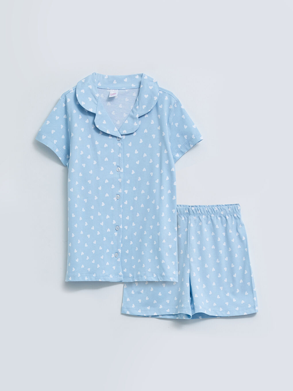 Mavi Gömlek Yaka Desenli Kısa Kollu Kız Çocuk Şortlu Pijama Takımı