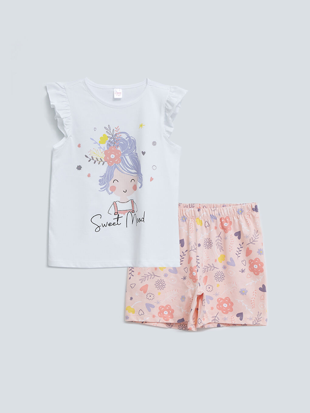 Beyaz Bisiklet Yaka Baskılı Kısa Kollu Kız Çocuk Şortlu Pijama Takımı