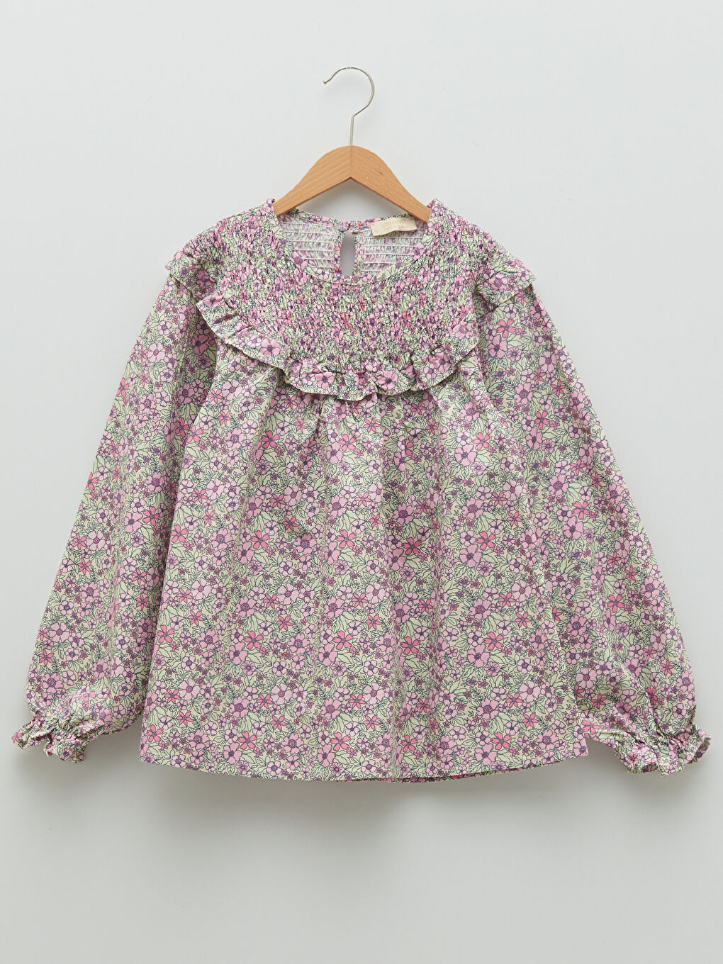 Crew Neck Patterned Long Sleeve Poplin Girl's Blouse-1