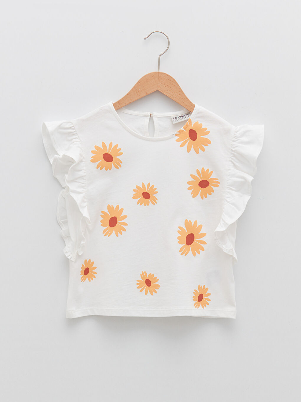 Ekru Bisiklet Yaka Baskılı Kısa Kollu Pamuklu Kız Çocuk Tişört