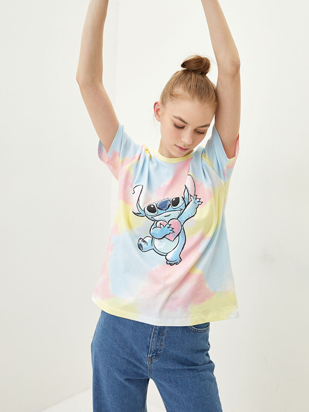 Karışık Bisiklet Yaka Lilo & Stitch Baskılı Kısa Kollu Pamuklu Kadın Tişört Anne Kız Kombini-1