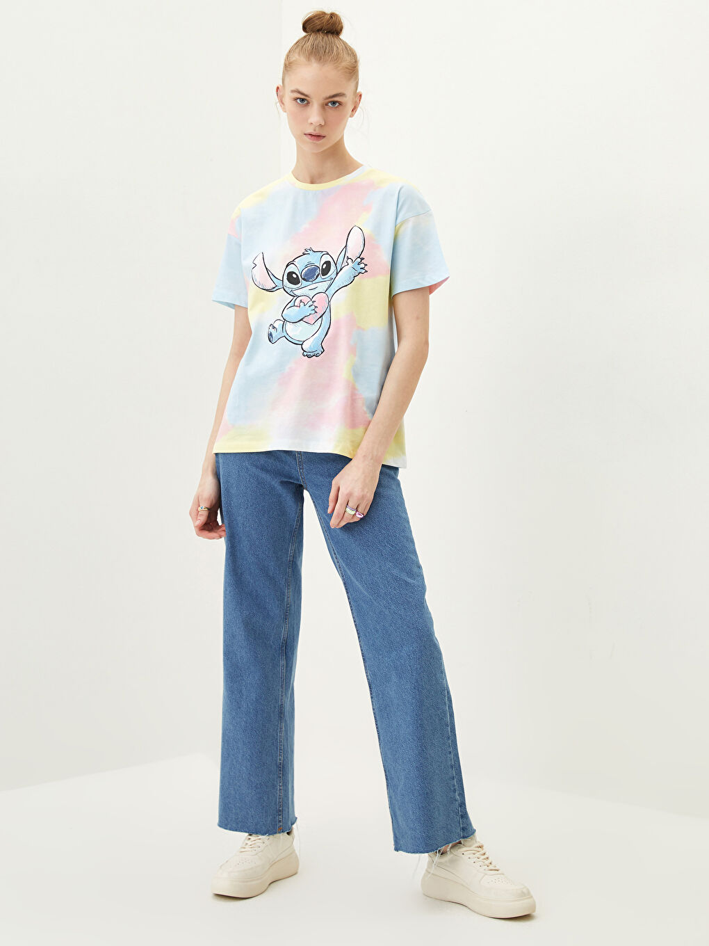 Karışık Bisiklet Yaka Lilo & Stitch Baskılı Kısa Kollu Pamuklu Kadın Tişört Anne Kız Kombini-2