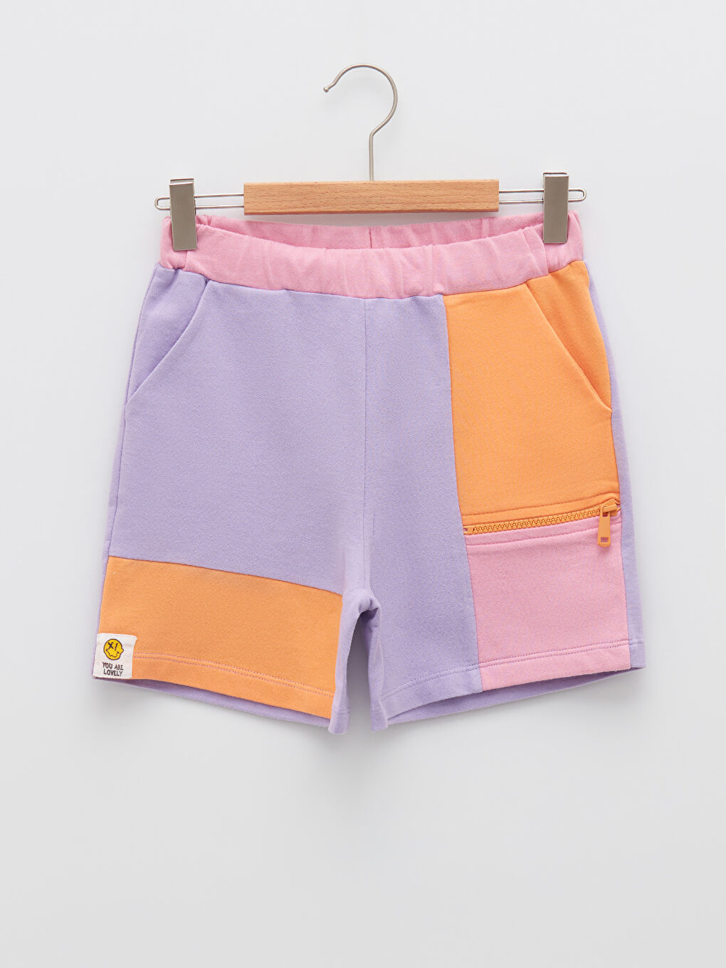 Lila Beli Lastikli Renk Bloklu Kız Çocuk Şort-2