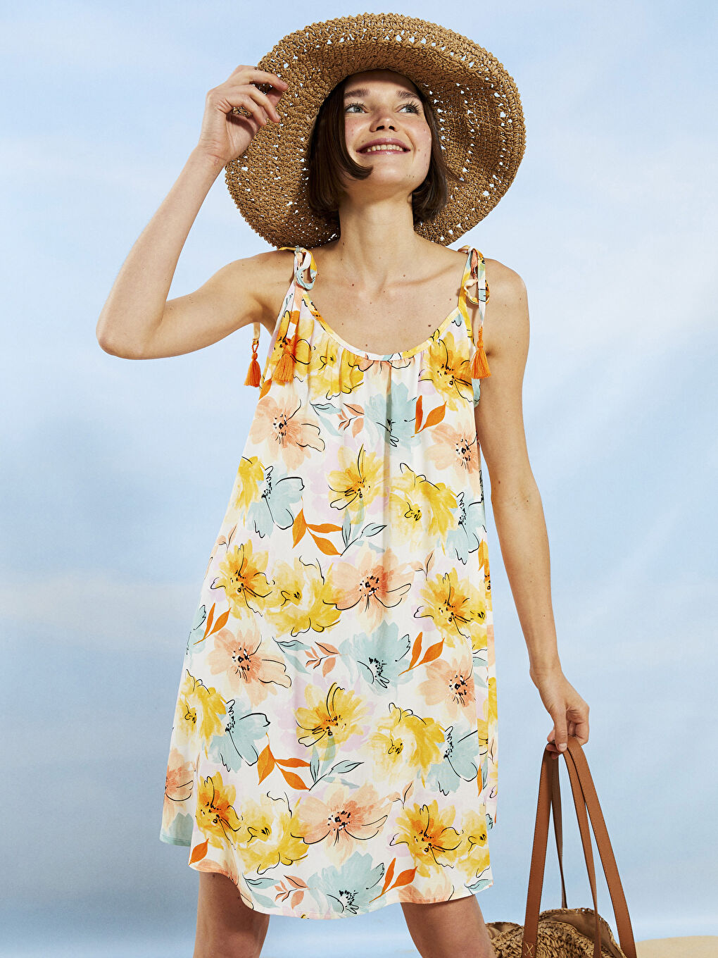 Женское пляжное платье с U-образным вырезом и цветочным принтом без бретелек-2