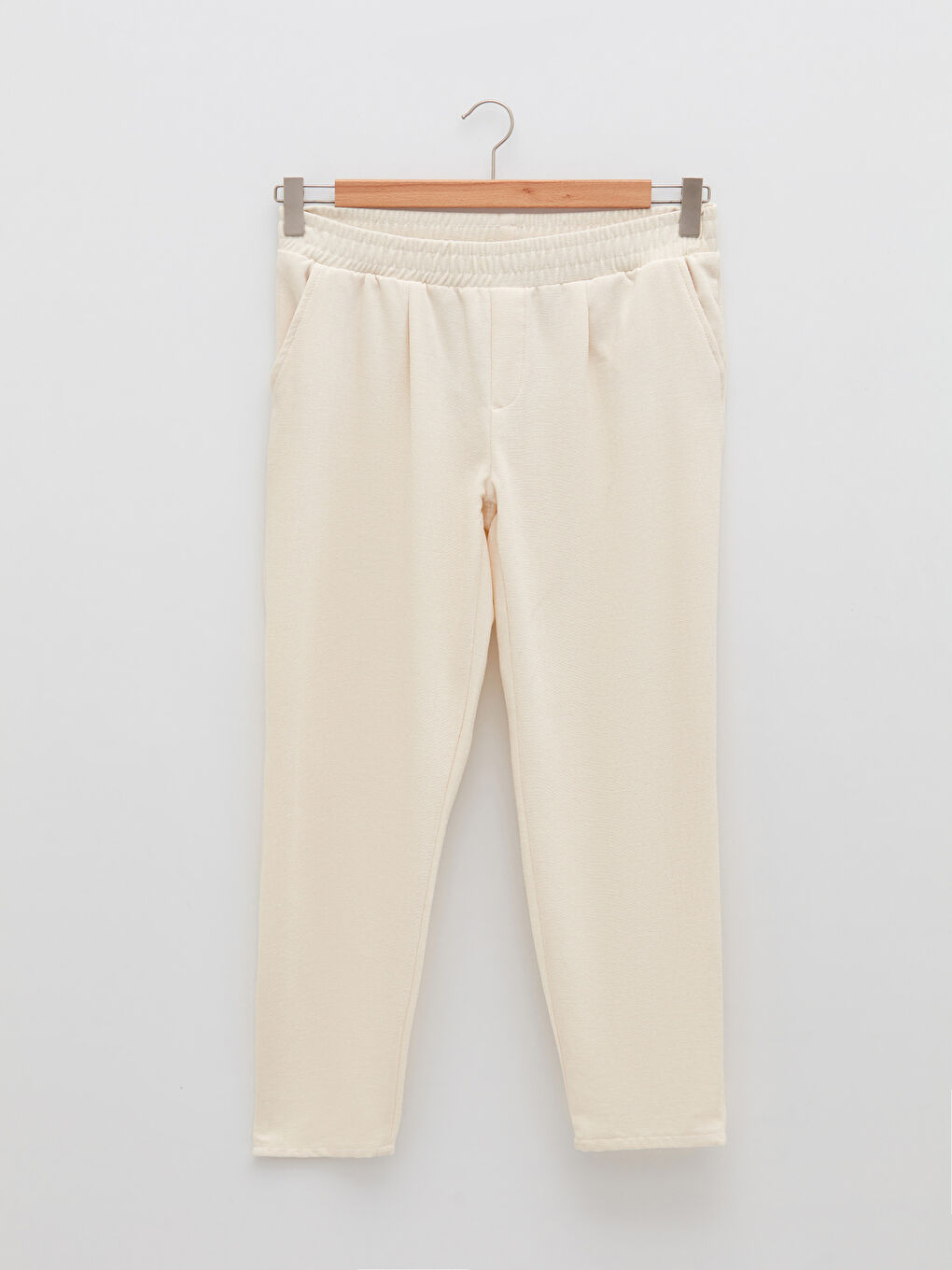 Bej Beli Lastikli Düz Cep Detaylı Kadife Hamile Pantolon-5