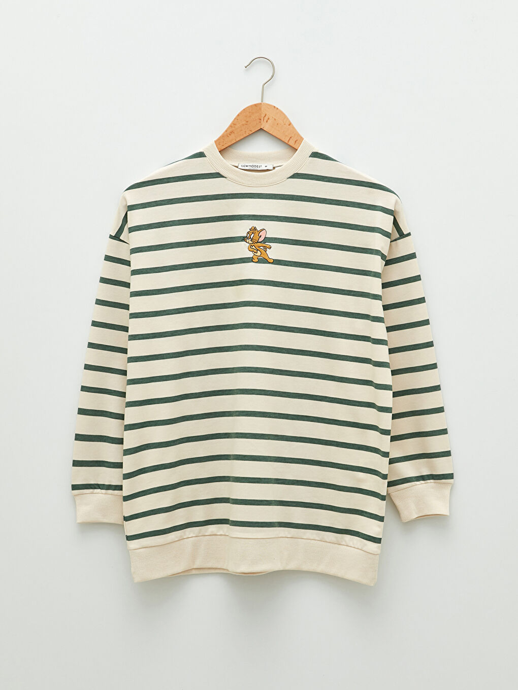 Bej Bisiklet Yaka Çizgili Tom&Jerry Nakışlı Uzun Kollu Kadın Sweatshirt Tunik-4