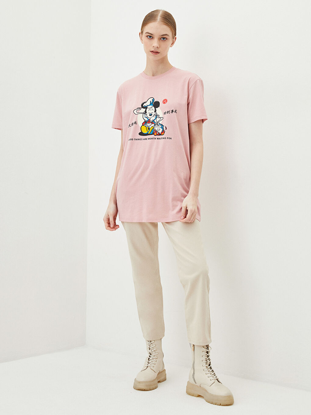 Crew Neck Mickey Mouse Printed Short Sleeve Women's Tunic-2