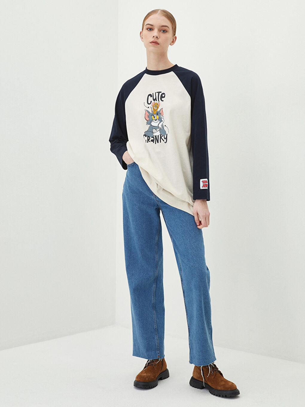 Lacivert Bisiklet Yaka Tom ve Jerry Baskılı Uzun Kollu Pamuklu Kadın Tunik