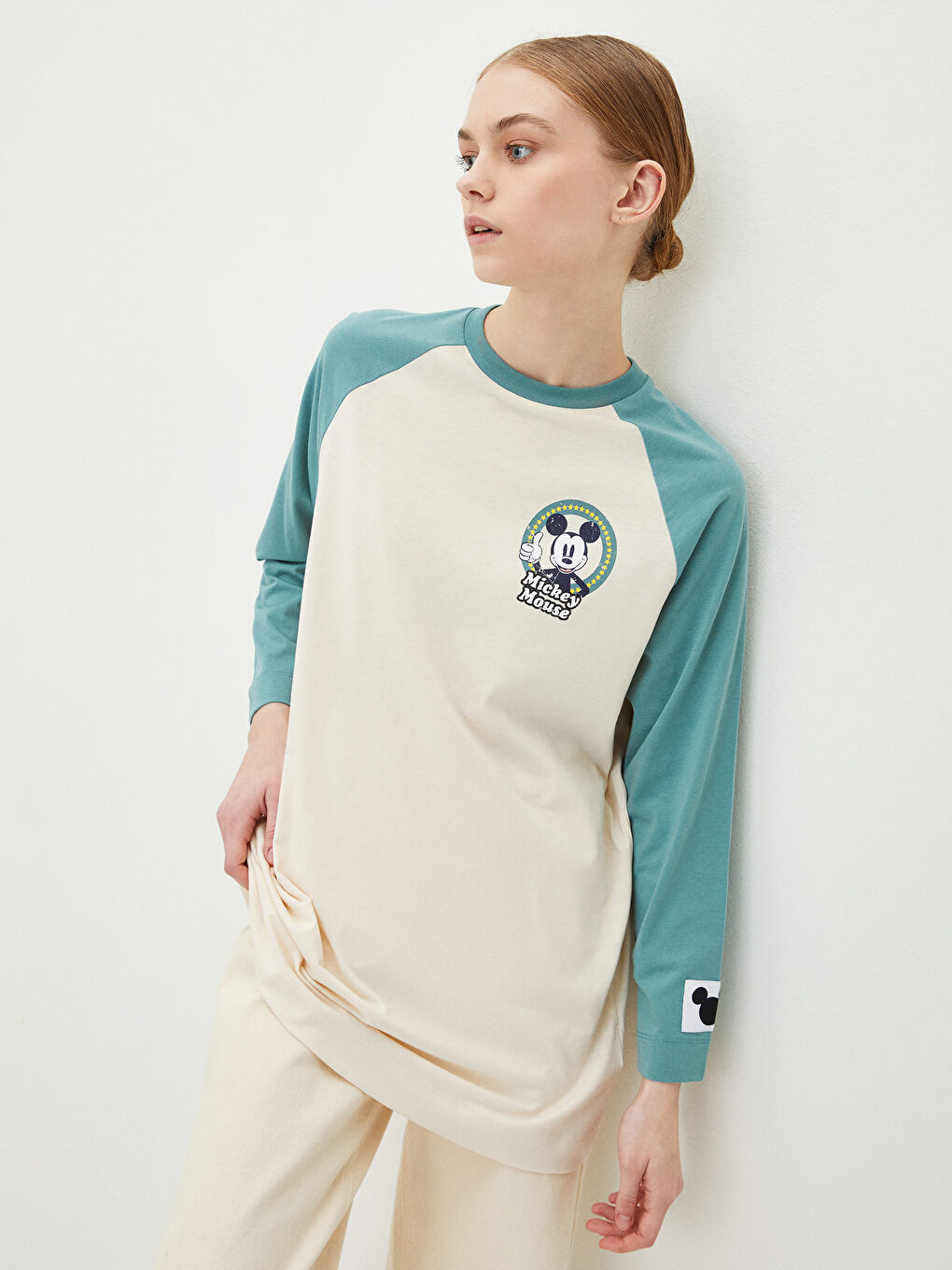 Yeşil Bisiklet Yaka Mickey Mouse Baskılı Uzun Kollu Kadın Tunik