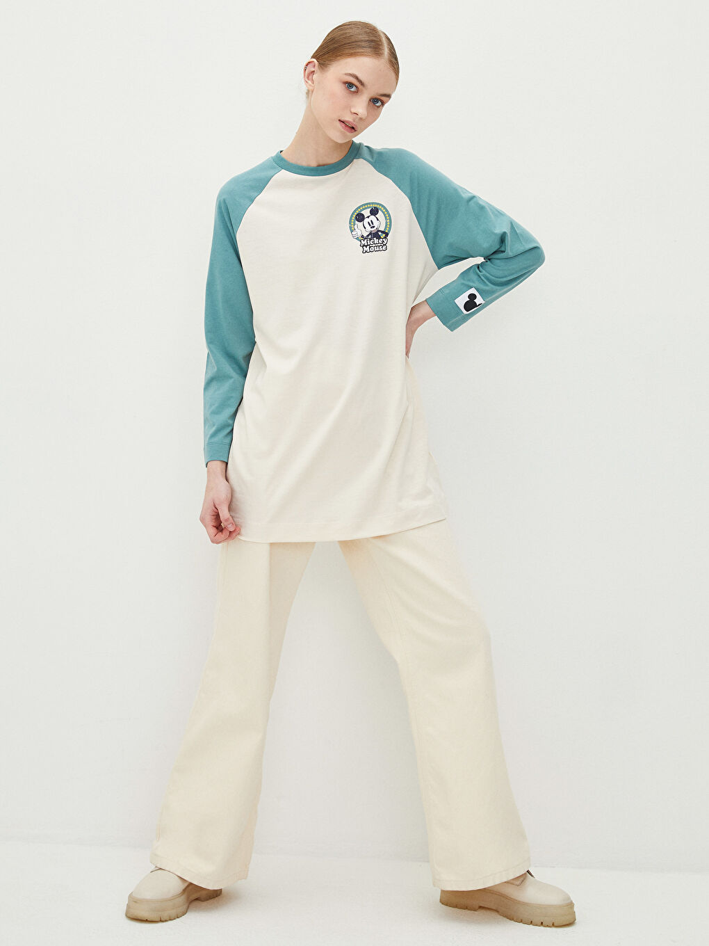 Yeşil Bisiklet Yaka Mickey Mouse Baskılı Uzun Kollu Kadın Tunik-2