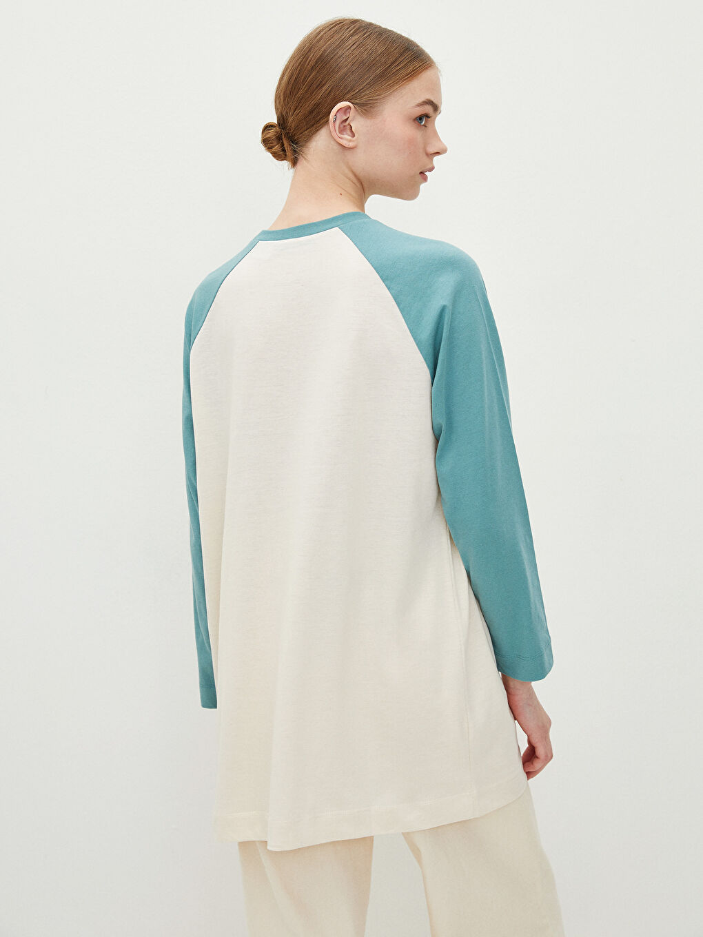 Yeşil Bisiklet Yaka Mickey Mouse Baskılı Uzun Kollu Kadın Tunik-4