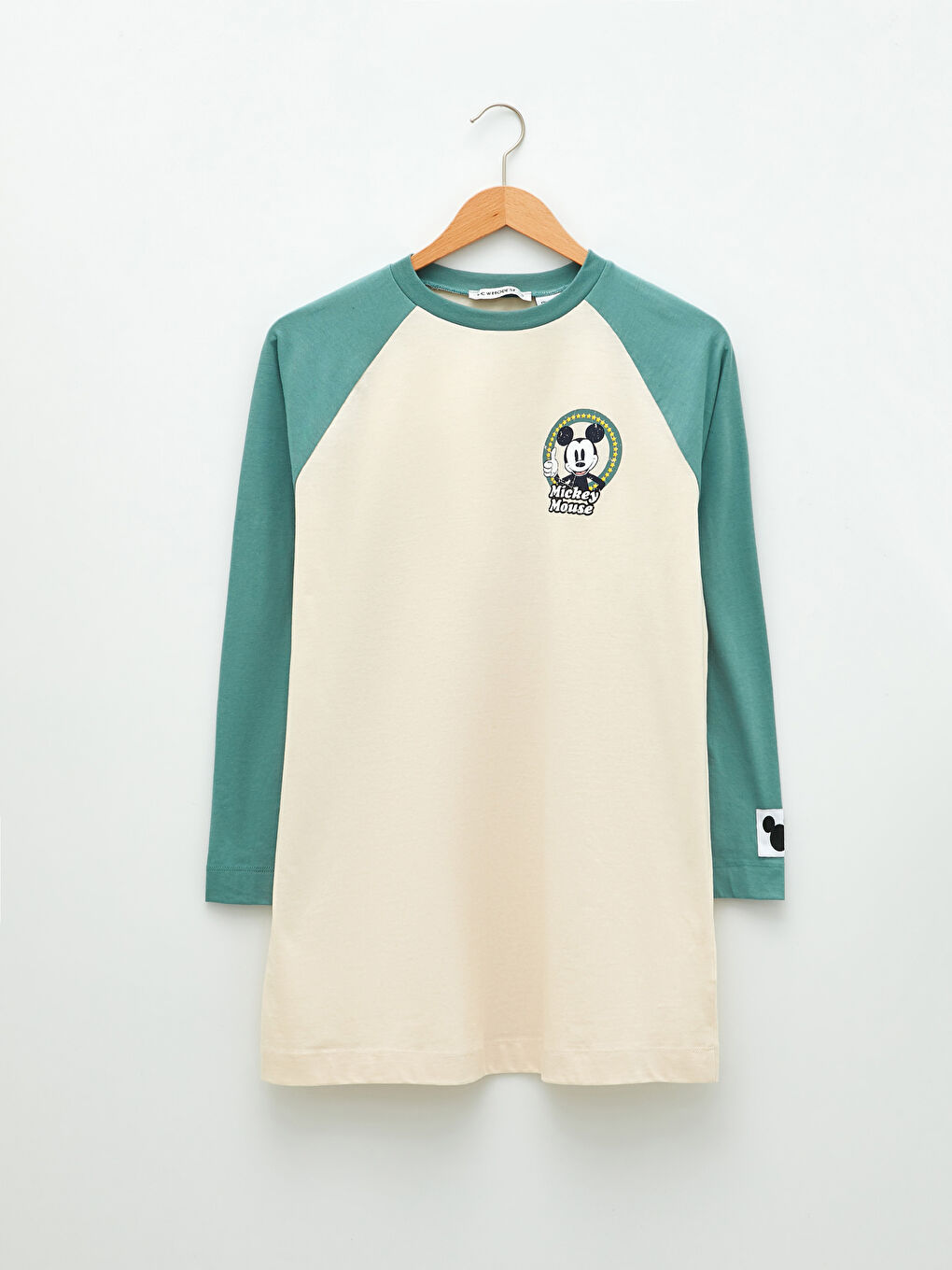 Yeşil Bisiklet Yaka Mickey Mouse Baskılı Uzun Kollu Kadın Tunik-5