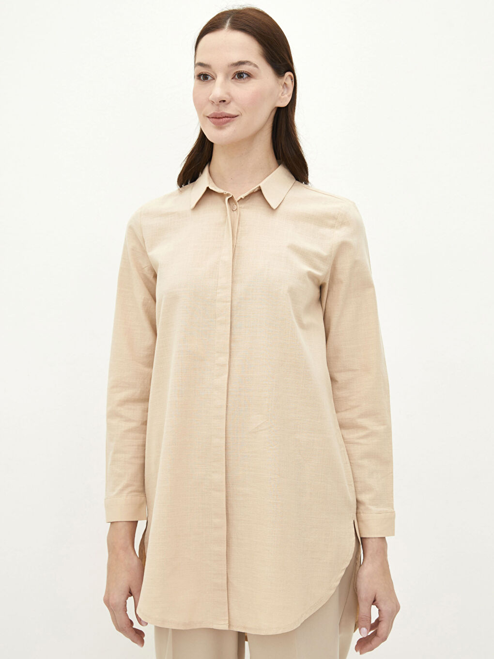Bej Düz Uzun Kollu Kadın Gömlek Tunik