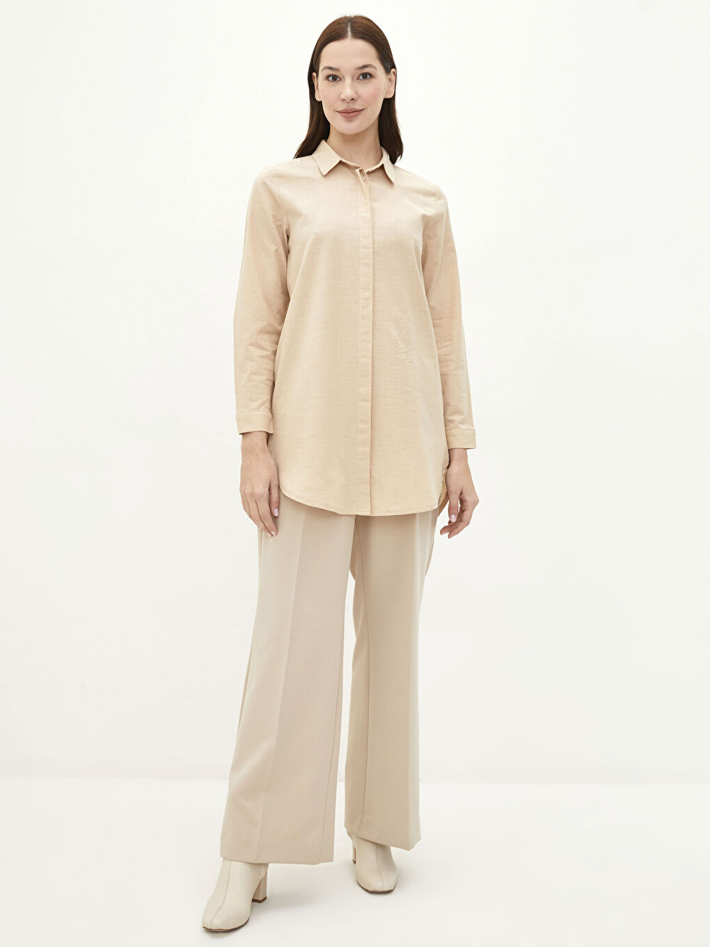 Bej Düz Uzun Kollu Kadın Gömlek Tunik-1