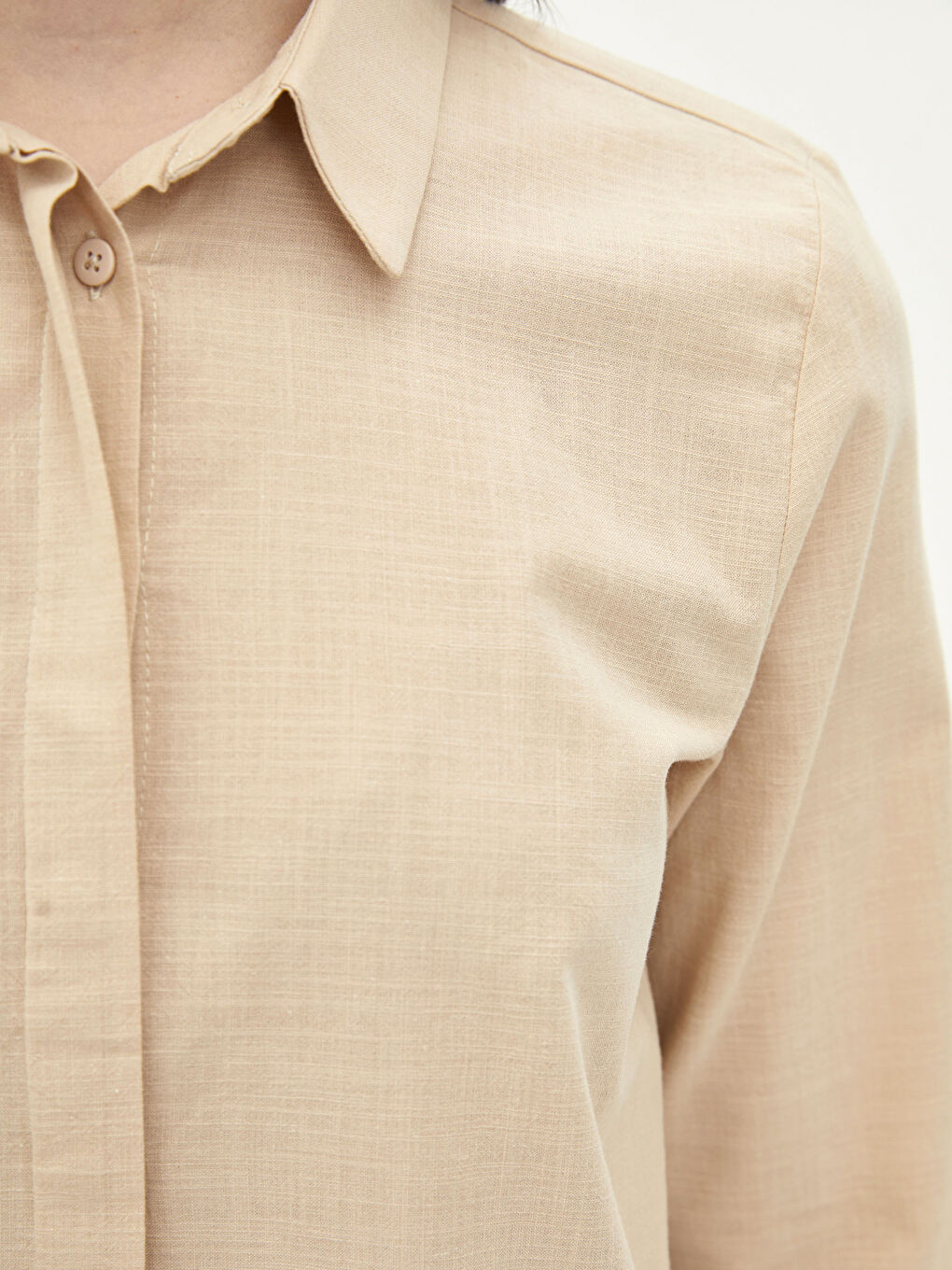 Bej Düz Uzun Kollu Kadın Gömlek Tunik-2