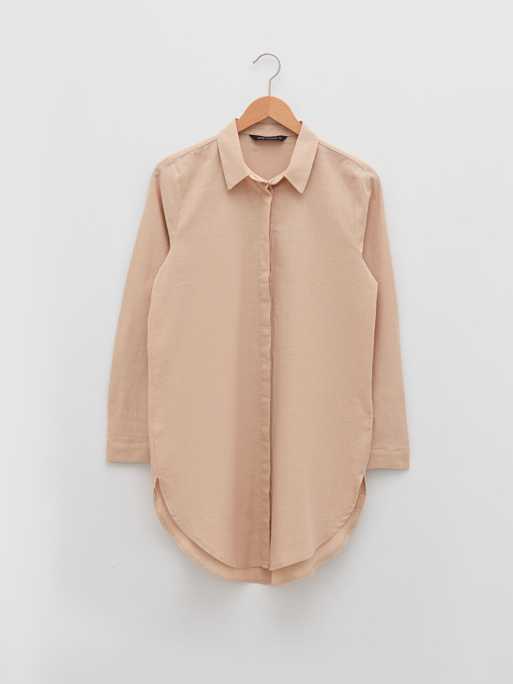 Bej Düz Uzun Kollu Kadın Gömlek Tunik-4