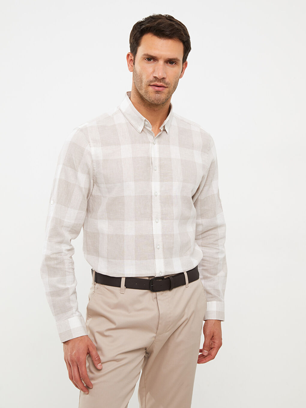 Bej Regular Fit Uzun Kollu Ekose Erkek Gömlek