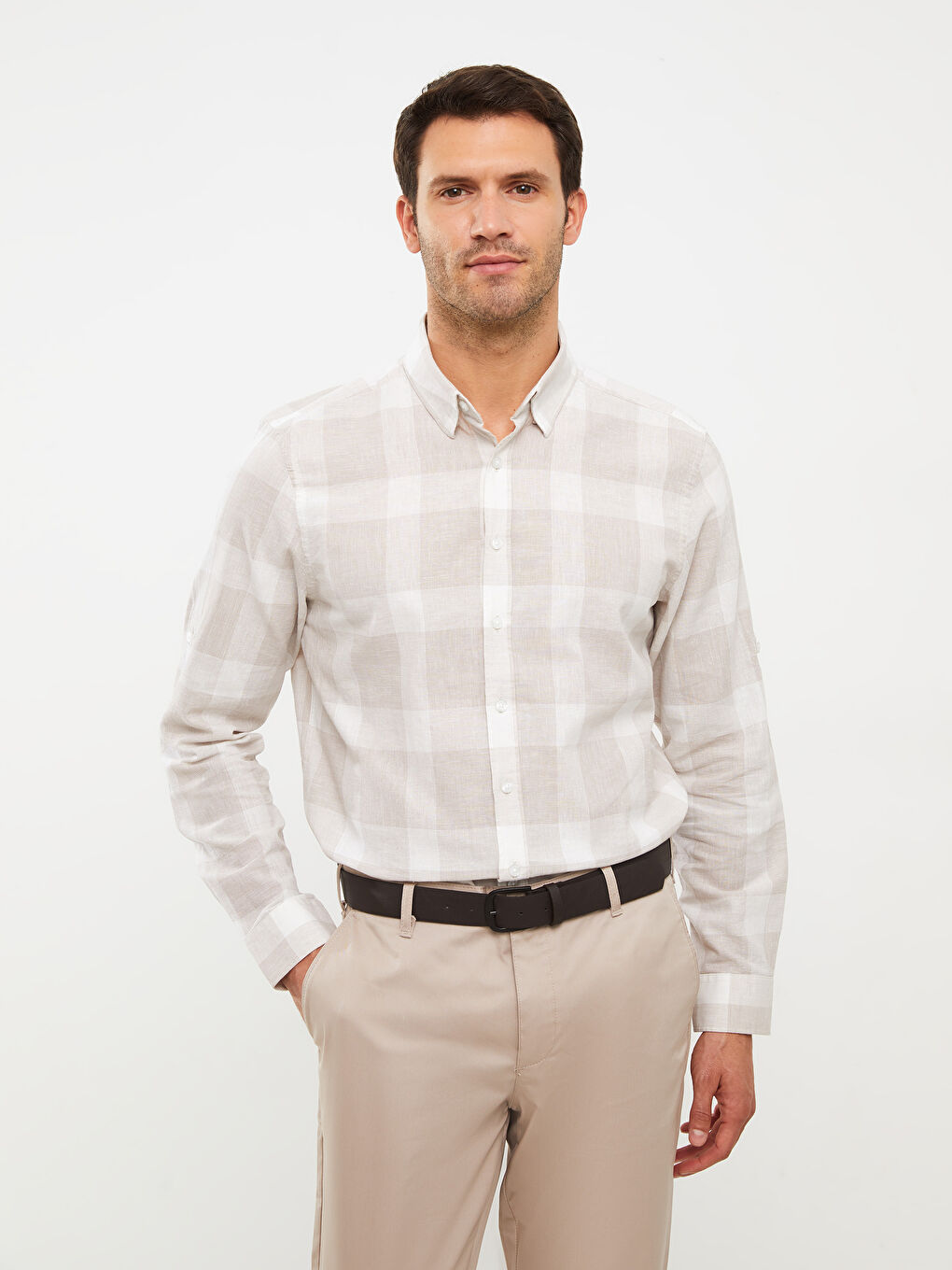 Bej Regular Fit Uzun Kollu Ekose Erkek Gömlek-1