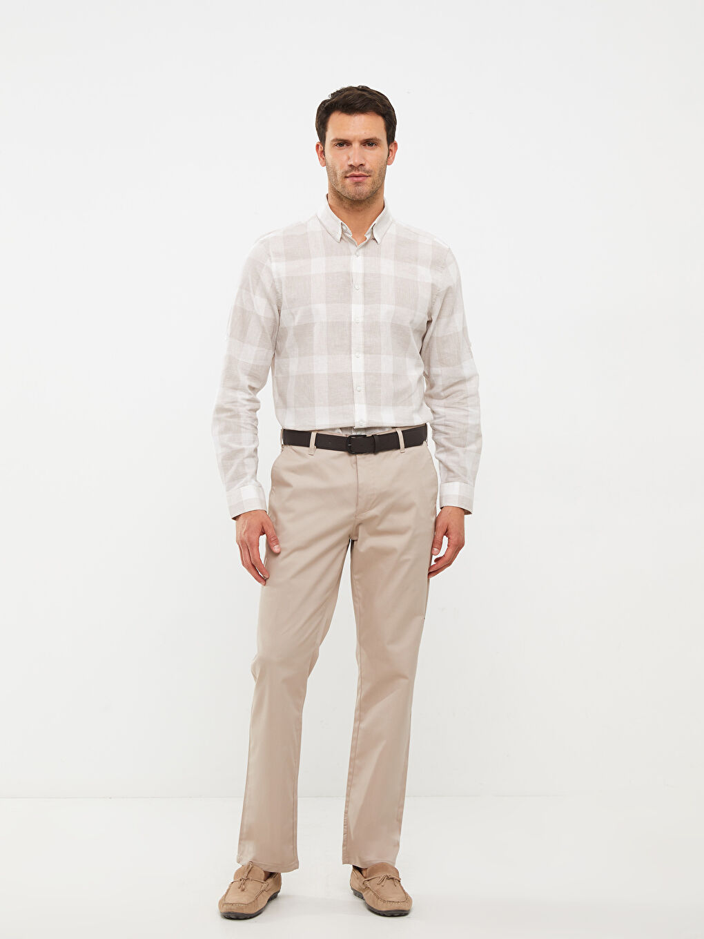 Bej Regular Fit Uzun Kollu Ekose Erkek Gömlek-2
