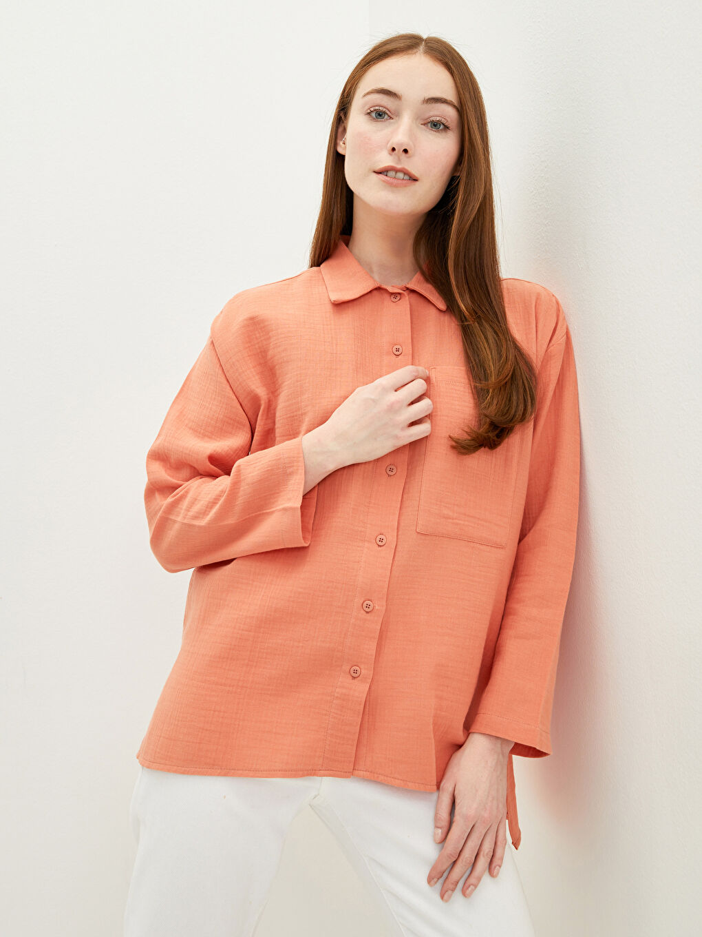 Kahverengi Düz Uzun Kollu Oversize Müslin Kadın Gömlek Tunik