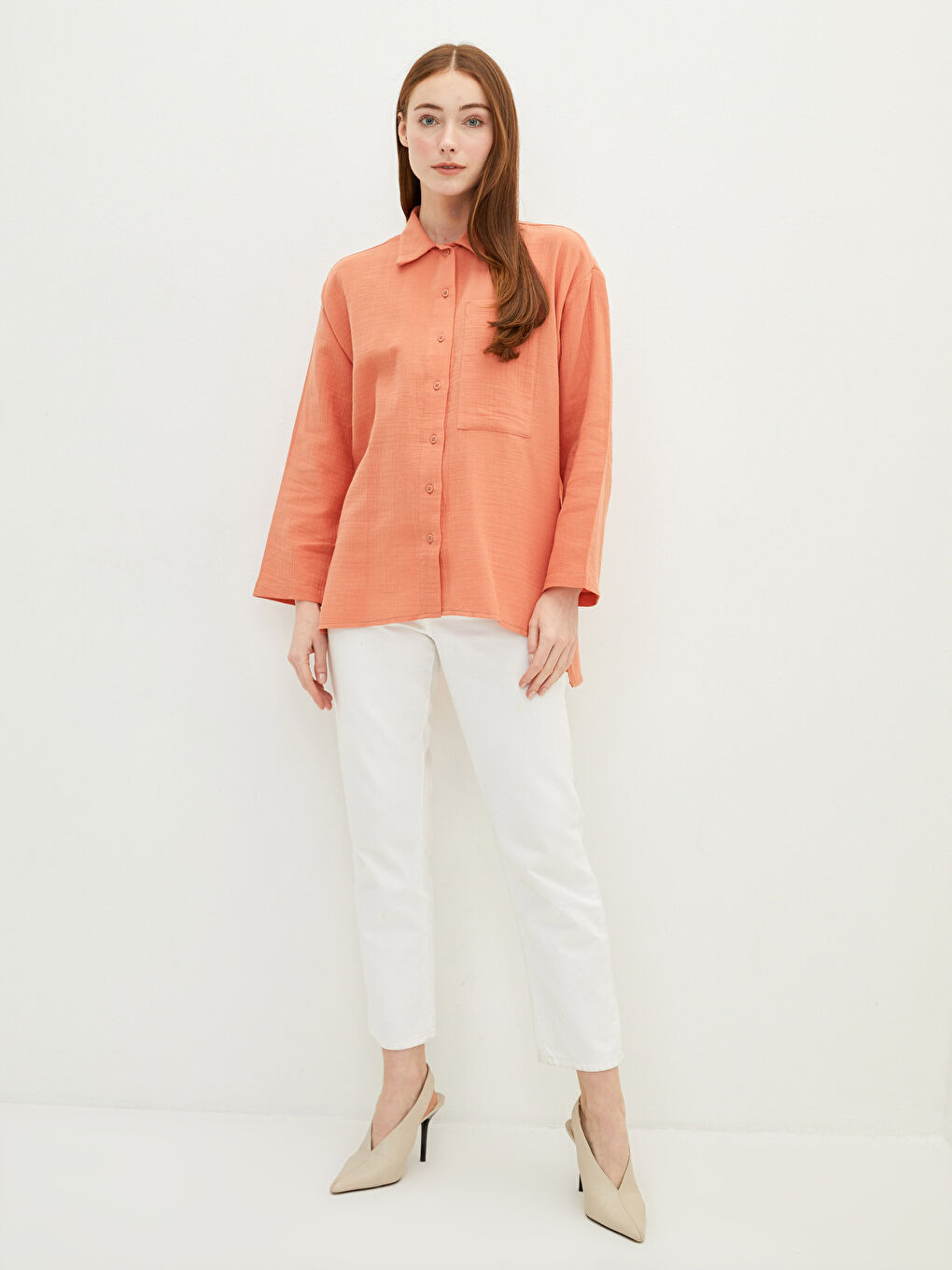 Kahverengi Düz Uzun Kollu Oversize Müslin Kadın Gömlek Tunik-1