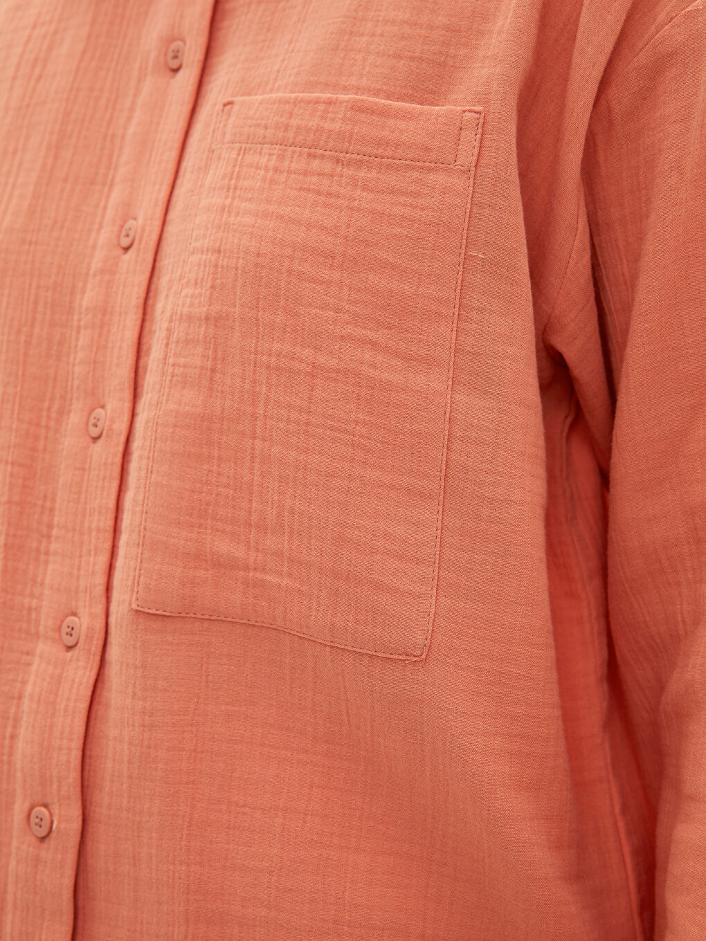 Kahverengi Düz Uzun Kollu Oversize Müslin Kadın Gömlek Tunik-2