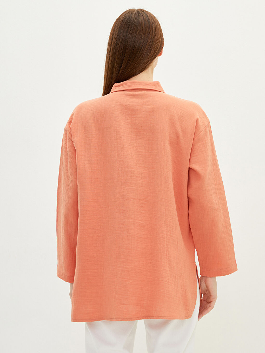 Kahverengi Düz Uzun Kollu Oversize Müslin Kadın Gömlek Tunik-3