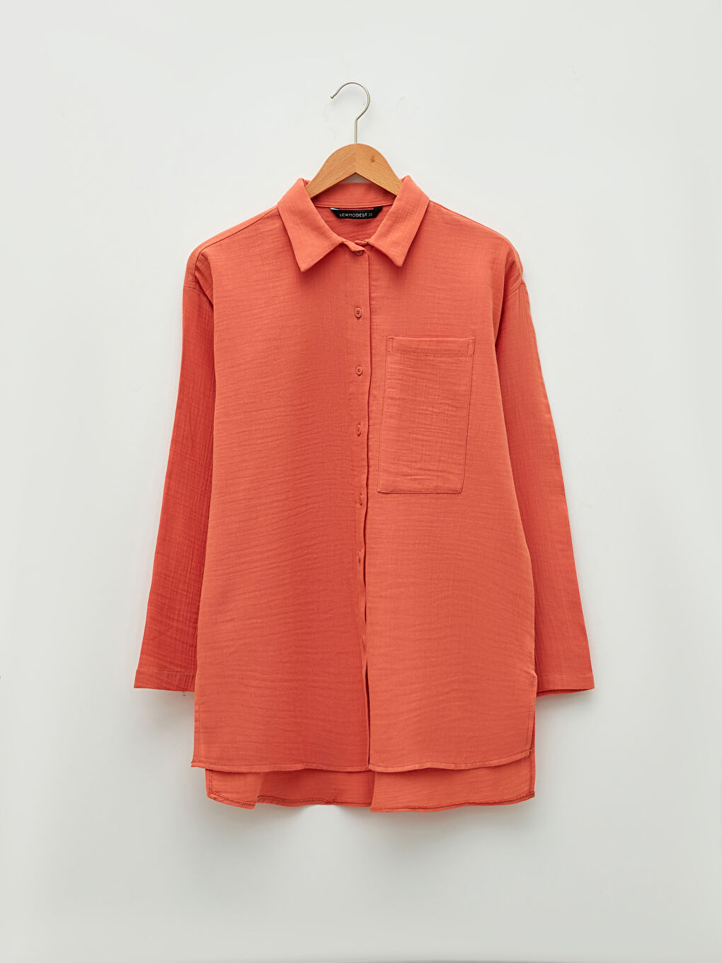 Kahverengi Düz Uzun Kollu Oversize Müslin Kadın Gömlek Tunik-4