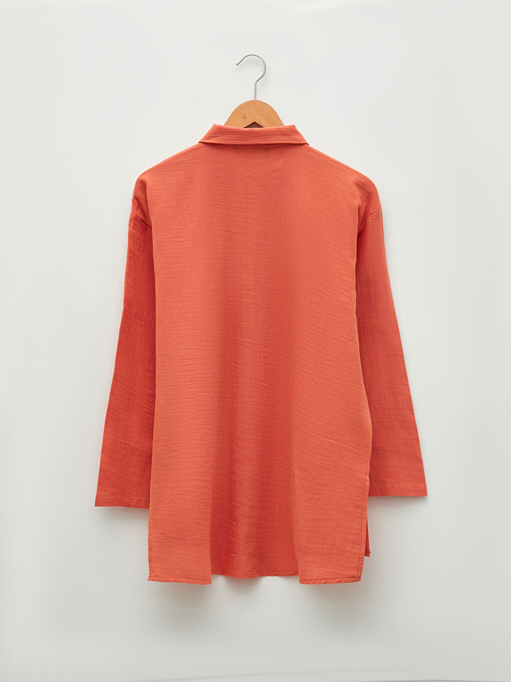 Kahverengi Düz Uzun Kollu Oversize Müslin Kadın Gömlek Tunik-5