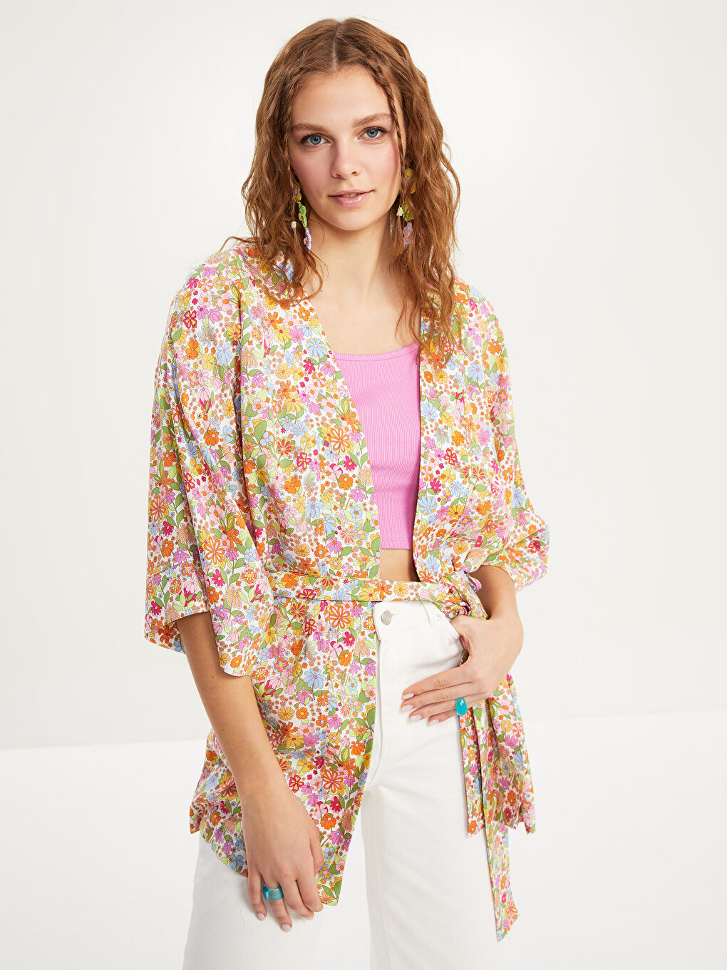 Shawl Collar Patterned Tie Detail Viscose Women's Kimono-1