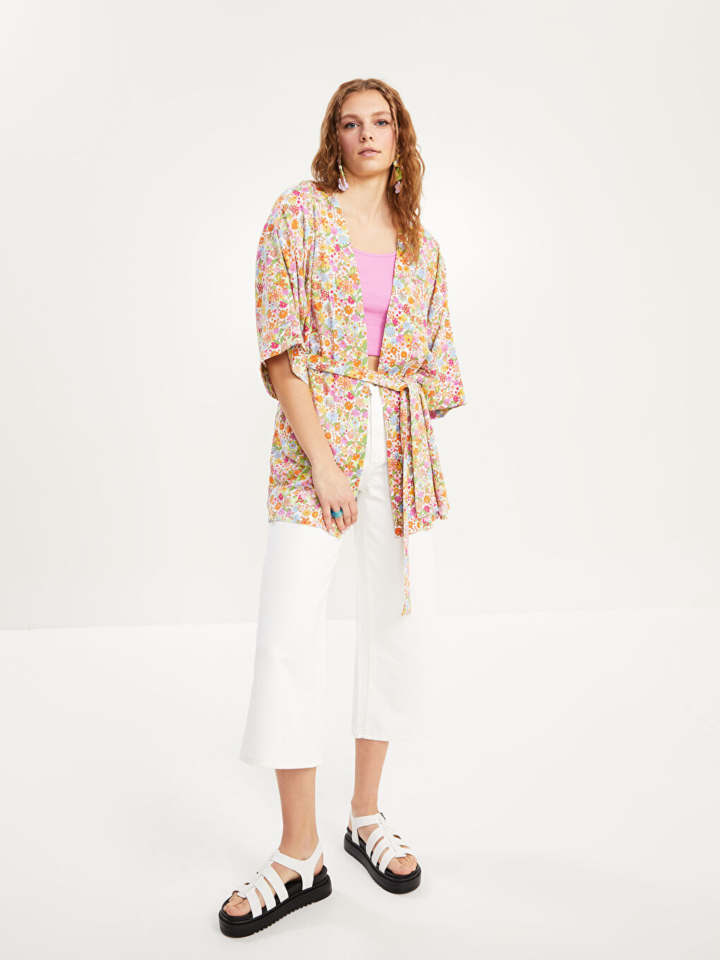 Shawl Collar Patterned Tie Detail Viscose Women's Kimono-3