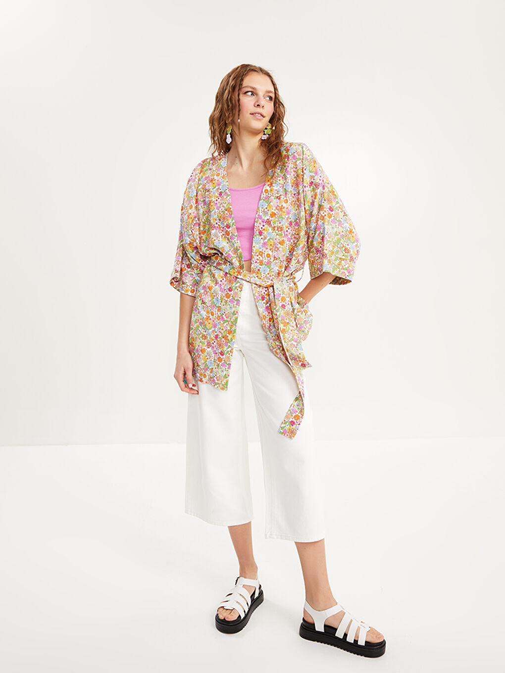 Shawl Collar Patterned Tie Detail Viscose Women's Kimono-5
