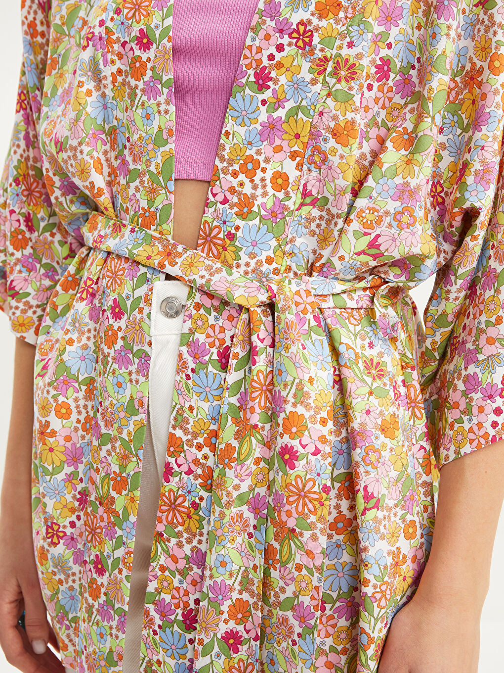 Shawl Collar Patterned Tie Detail Viscose Women's Kimono-7