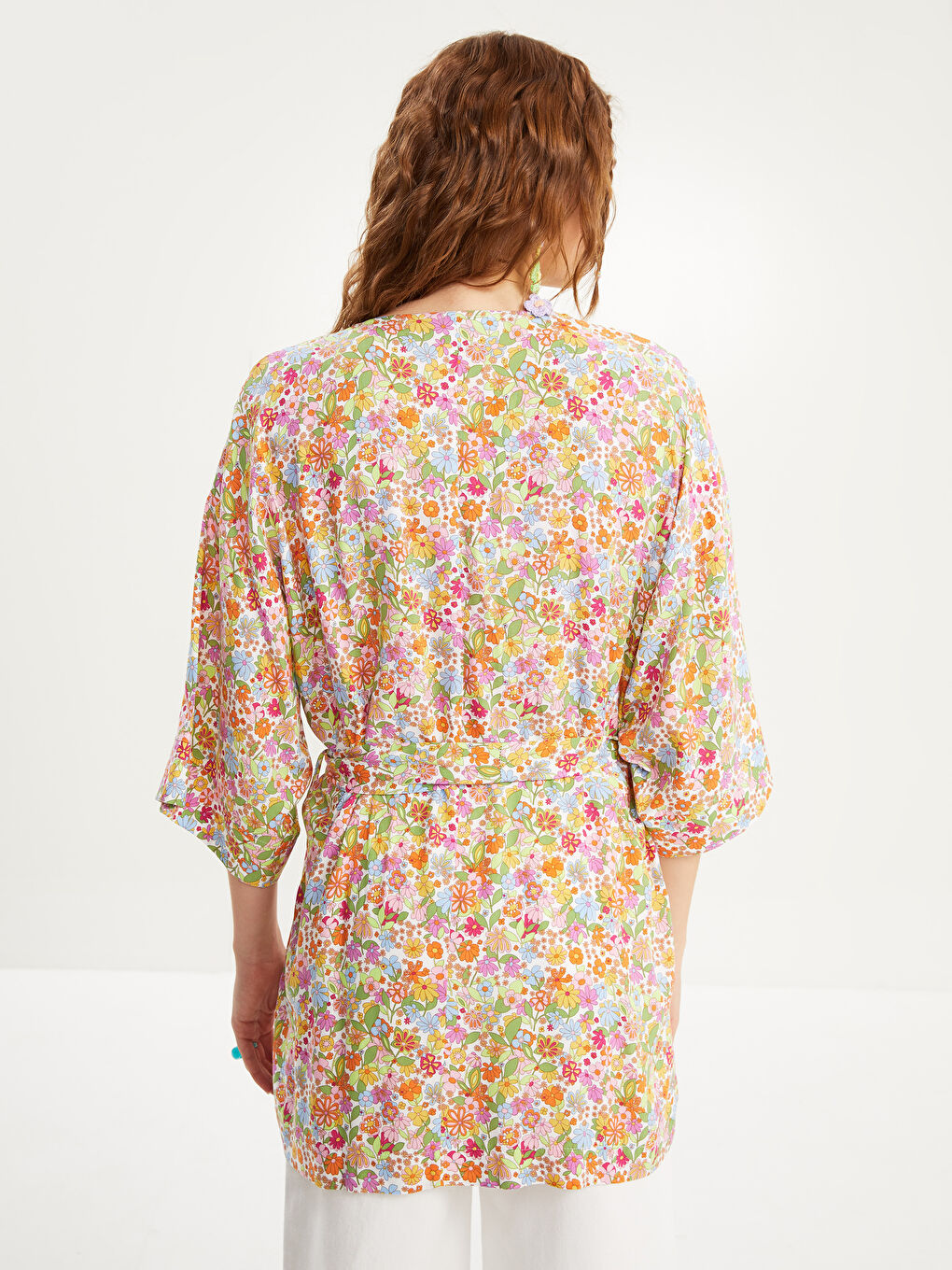 Shawl Collar Patterned Tie Detail Viscose Women's Kimono-8