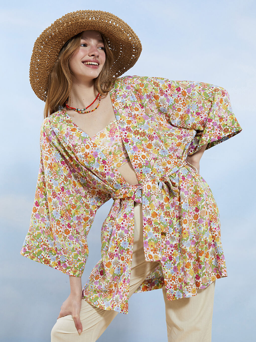 Shawl Collar Patterned Tie Detail Viscose Women's Kimono