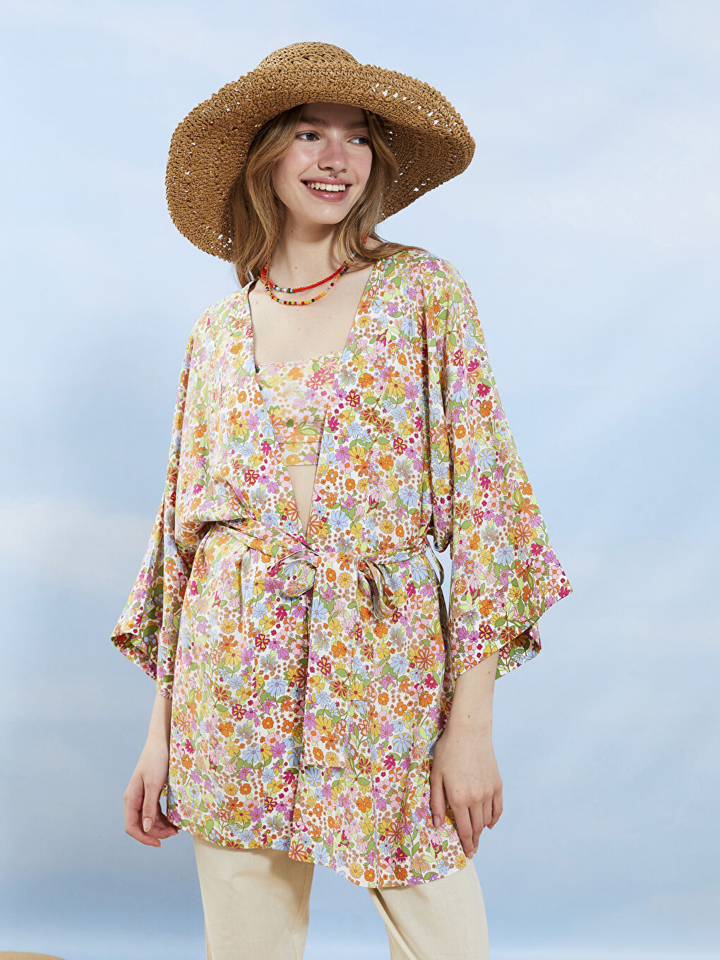 Shawl Collar Patterned Tie Detail Viscose Women's Kimono-2